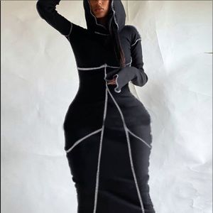 Casual hooded collared striped Black ankle length dress